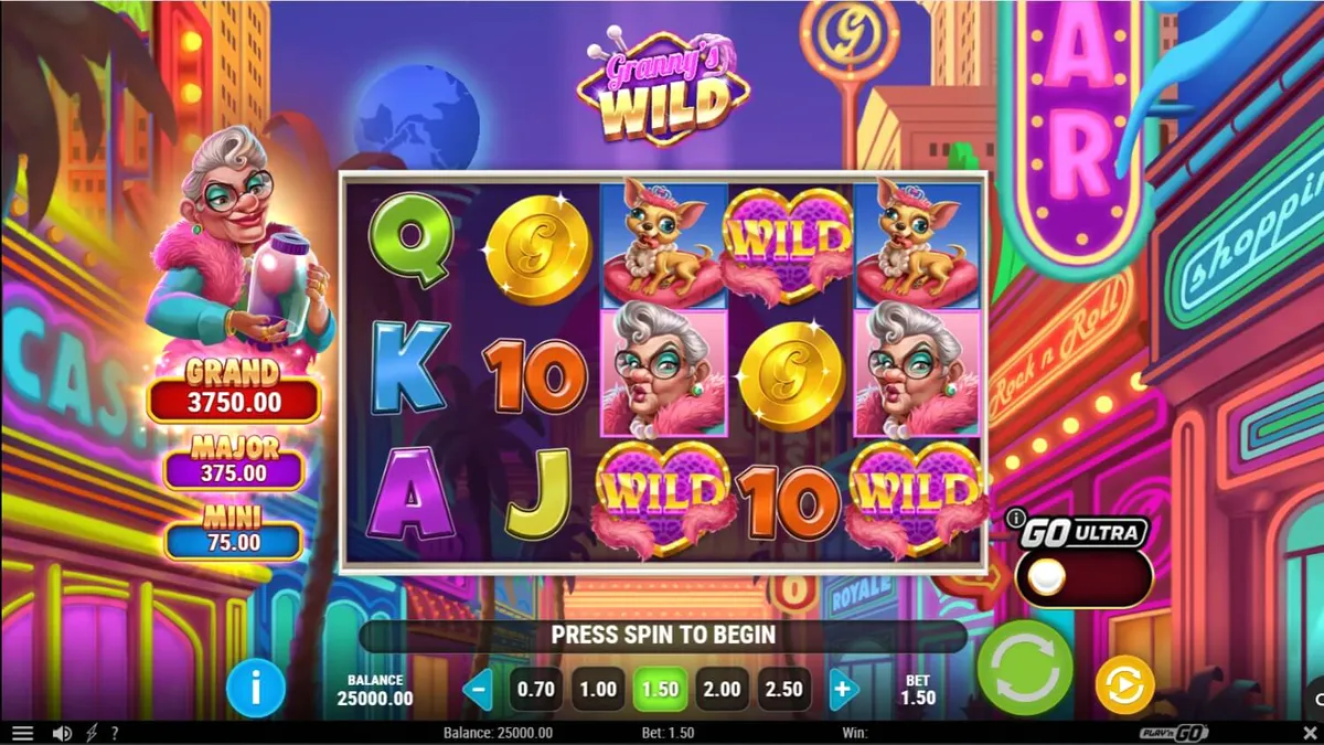 Granny’s Wild slot com tema de Las Vegas e luzes neon vibrantes
