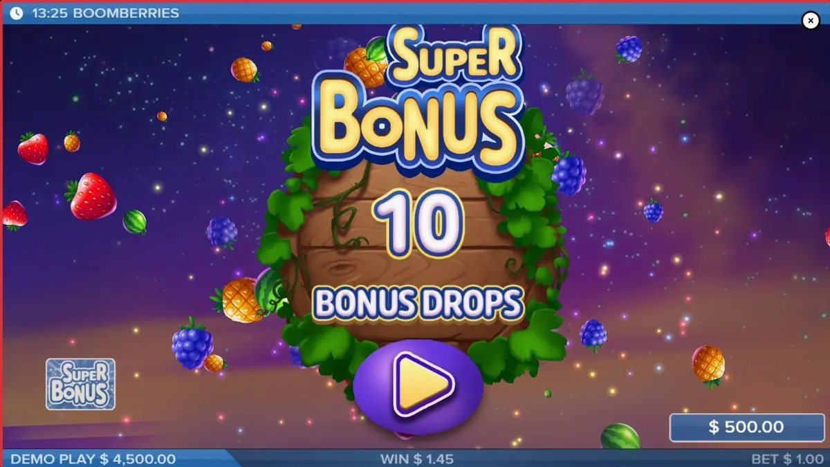 Tela de jogo do slot Boomberries com frutas coloridas e multiplicadores