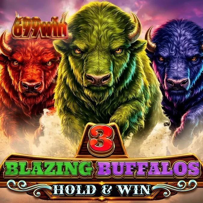 Cenário vibrante e neon do jogo 3 Blazing Buffalos: Hold & Win