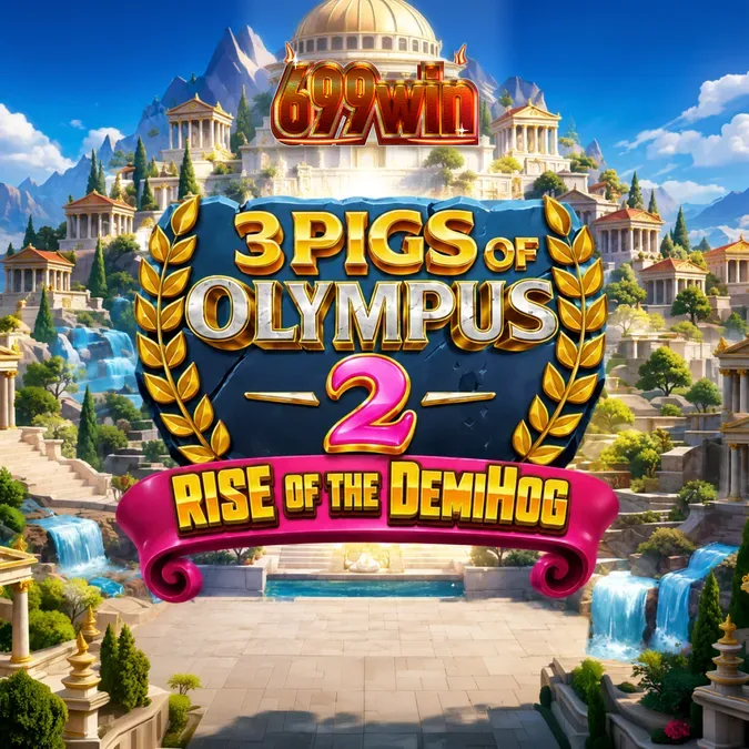 Interface do jogo 3 Pigs of Olympus 2 com elementos mitológicos e porcos heróis.